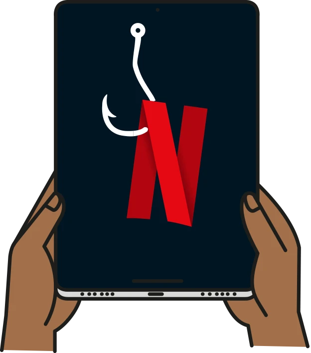 Illustration demonstrating Netflix scams: the Netflix logo with a phishing hook in it.