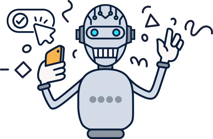 Robot with a phone in hand surrounded by obscure symbols